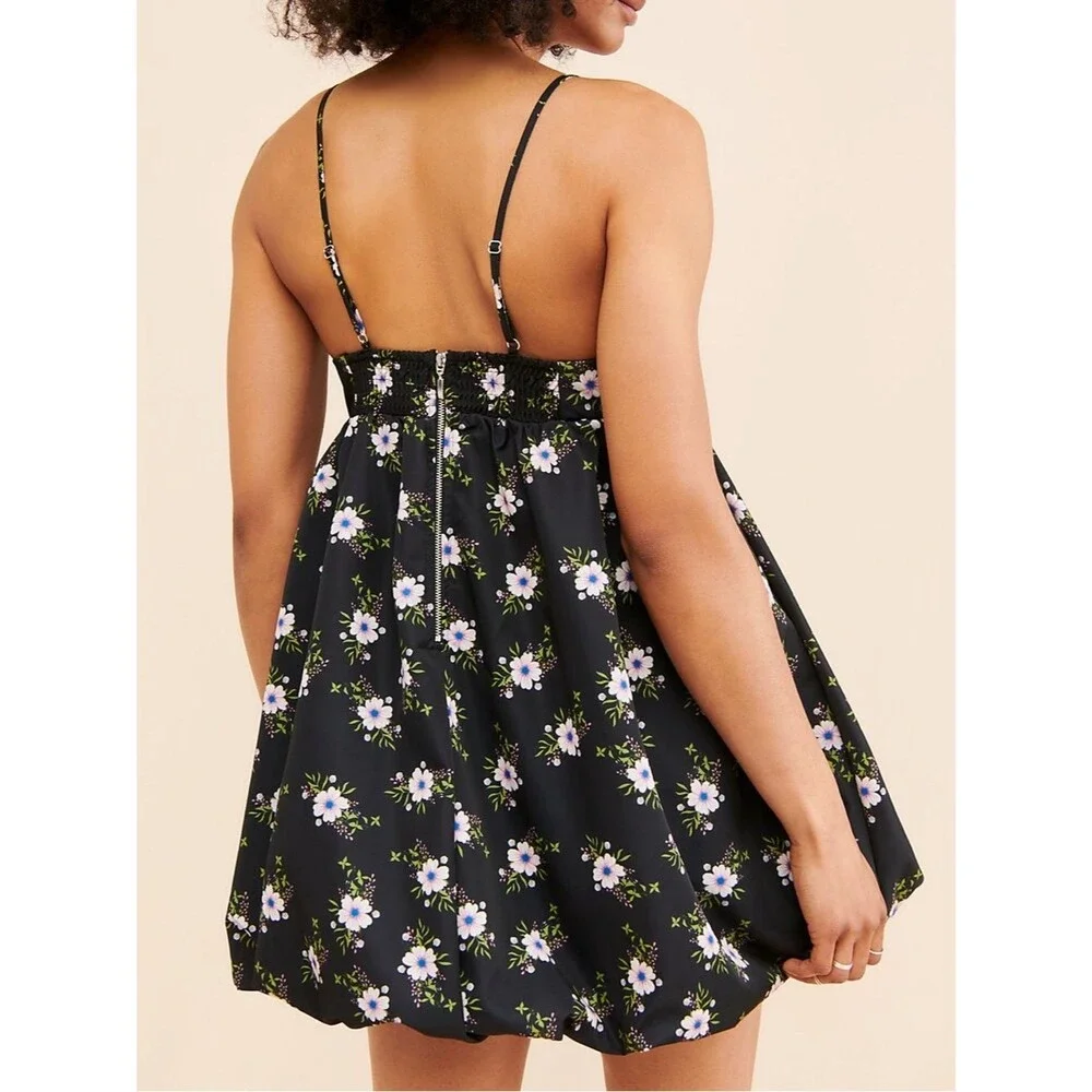 Free People In A Bubble Mini Dress Size XS Black Floral Bubble Hem Empire Waist